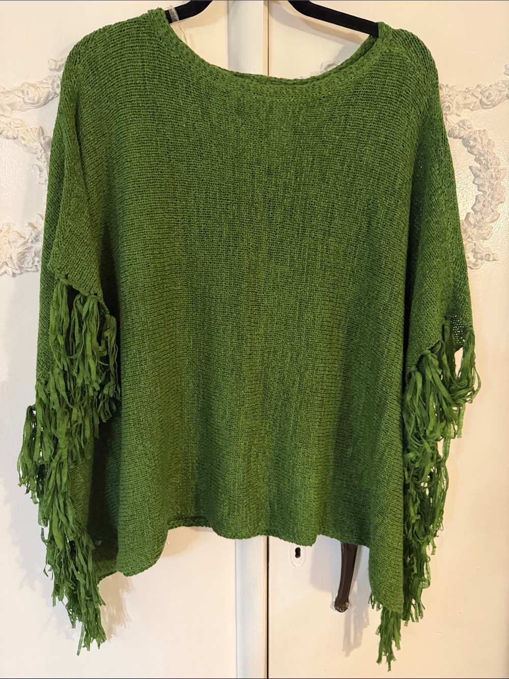 Chico's Green Open-Knit Fringe Sleeve Poncho Sweater